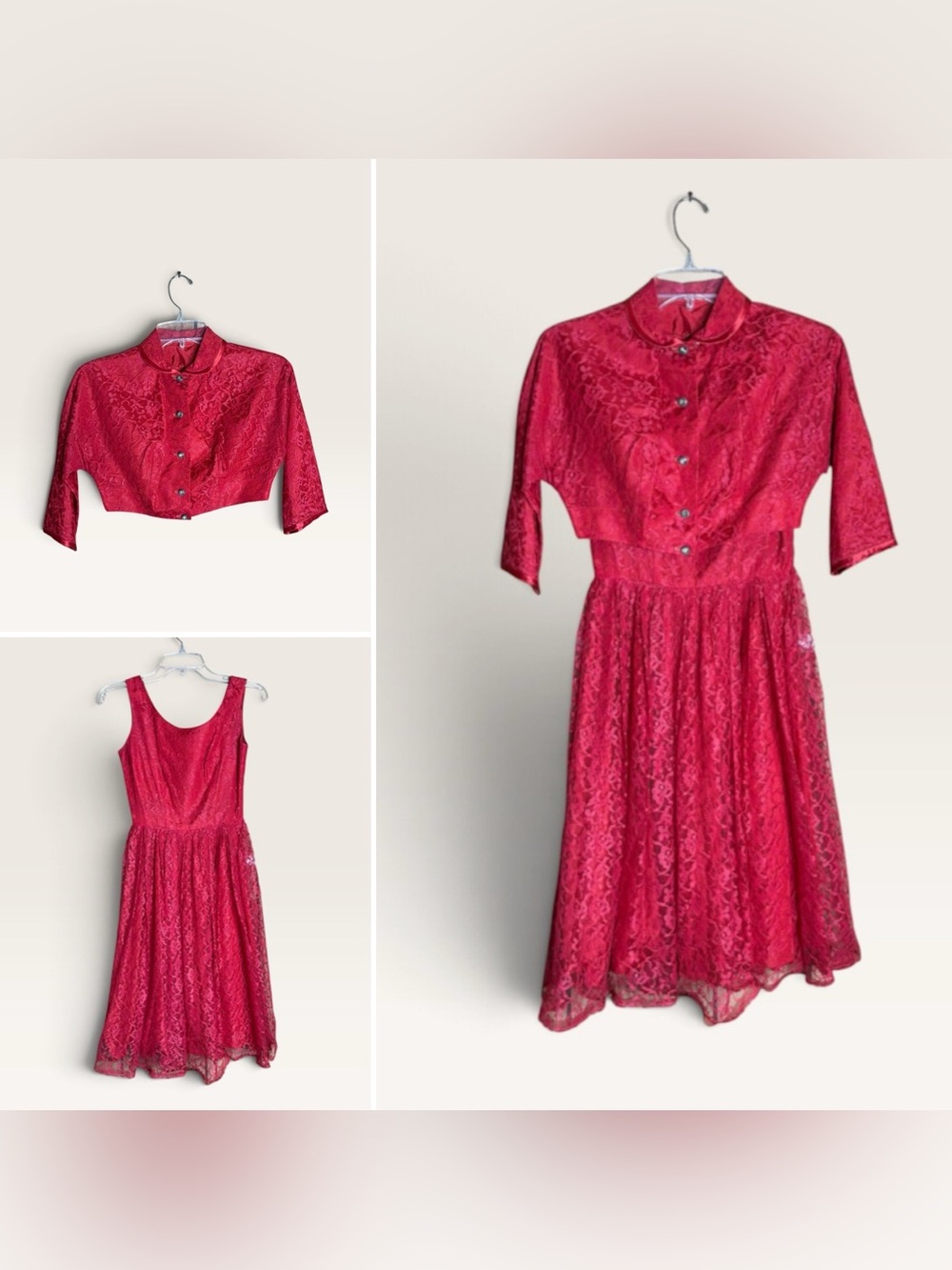 Vintage Size 7 Raspberry Red Lace Dress & Cropped Jacket 2 Piece Set